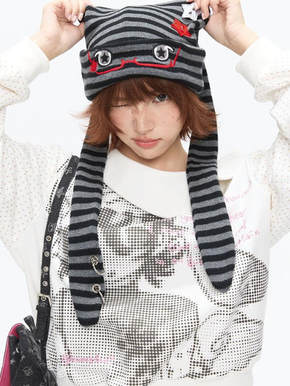 BETWEENAND Cute Rabbit Ear Eyelet Knit Striped Women&