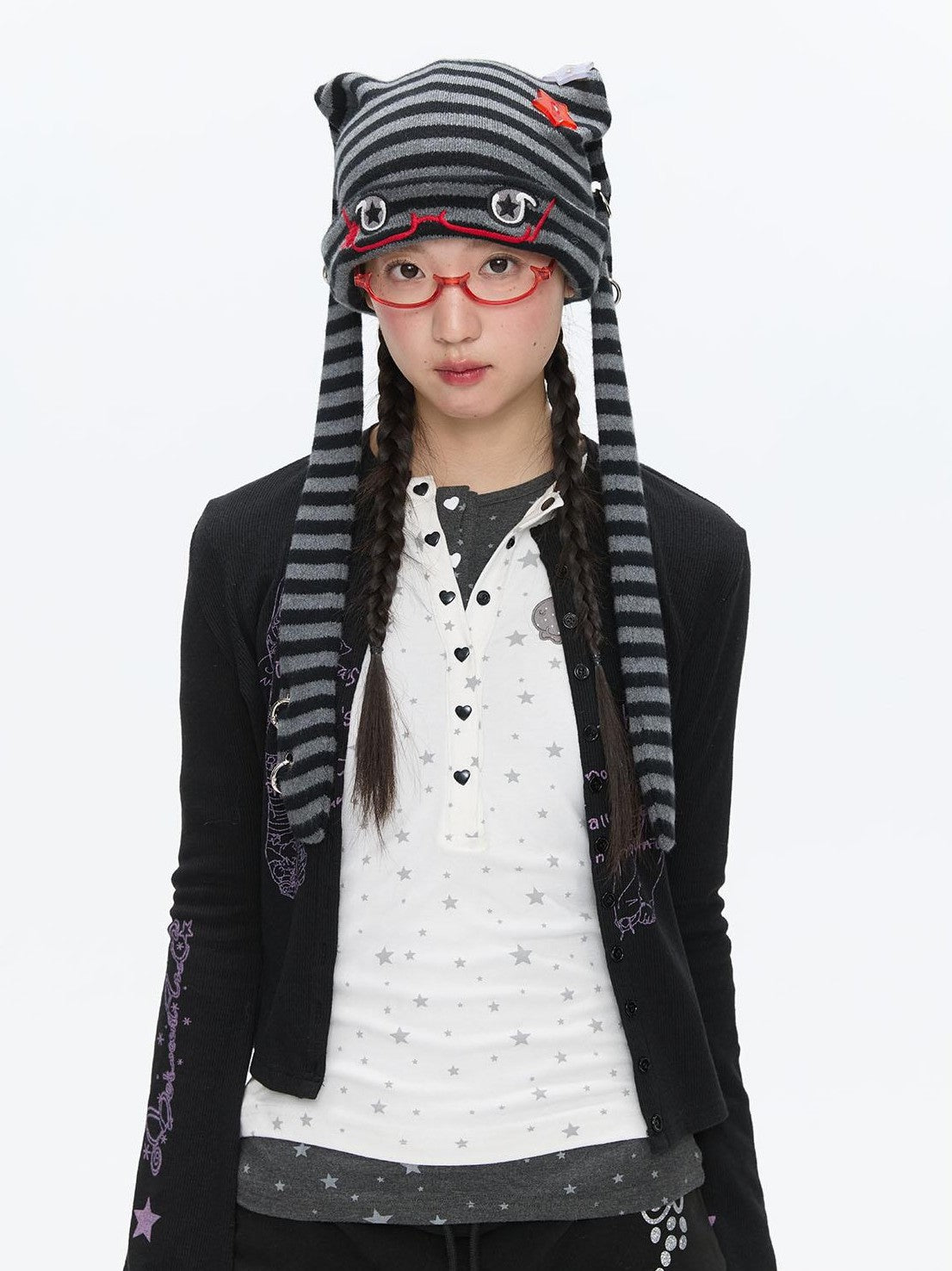 BETWEENAND Cute Rabbit Ear Eyelet Knit Striped Women&
