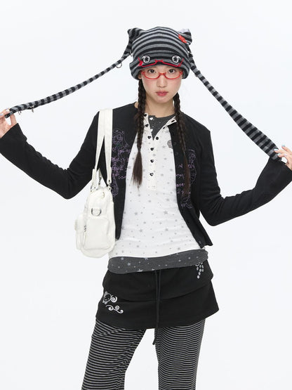 BETWEENAND Cute Rabbit Ear Eyelet Knit Striped Women&