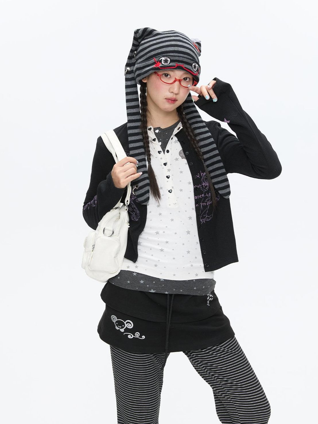 BETWEENAND Cute Rabbit Ear Eyelet Knit Striped Women&