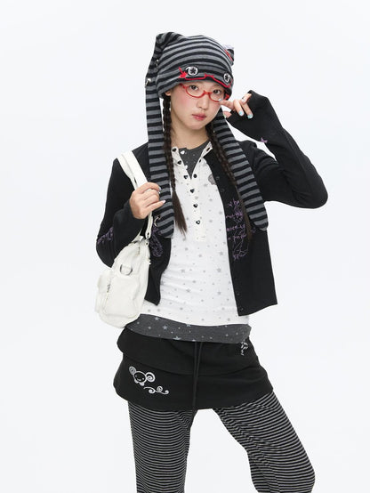 BETWEENAND Cute Rabbit Ear Eyelet Knit Striped Women&