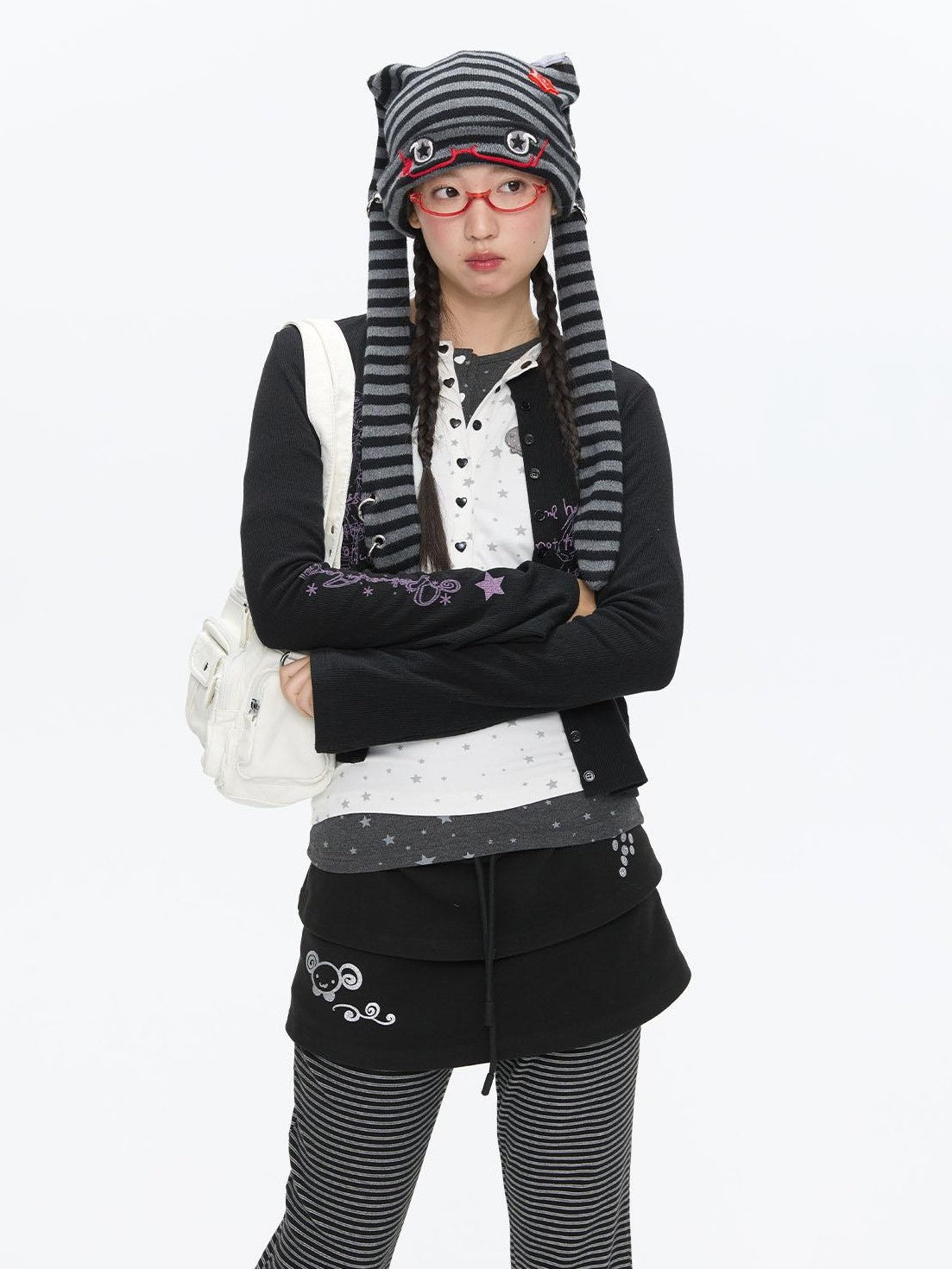 BETWEENAND Cute Rabbit Ear Eyelet Knit Striped Women&