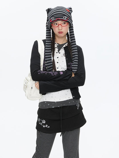 BETWEENAND Cute Rabbit Ear Eyelet Knit Striped Women&