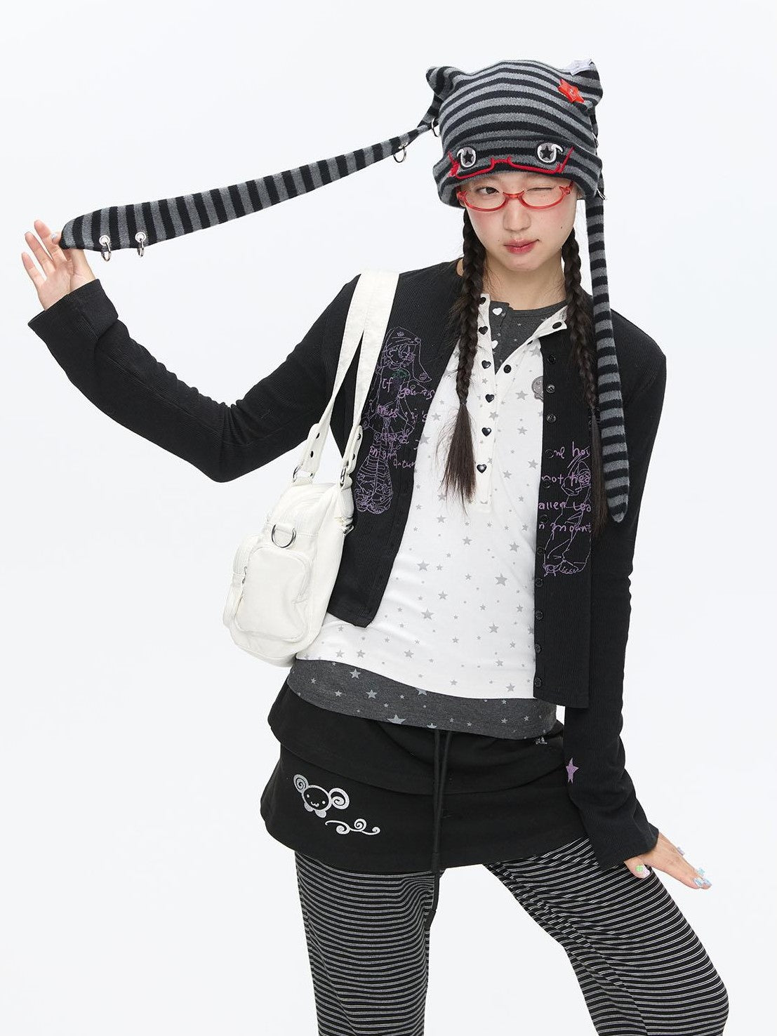 BETWEENAND Cute Rabbit Ear Eyelet Knit Striped Women&