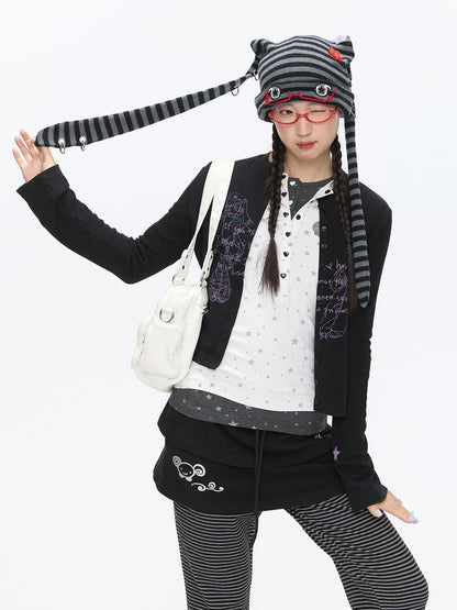 BETWEENAND Cute Rabbit Ear Eyelet Knit Striped Women&