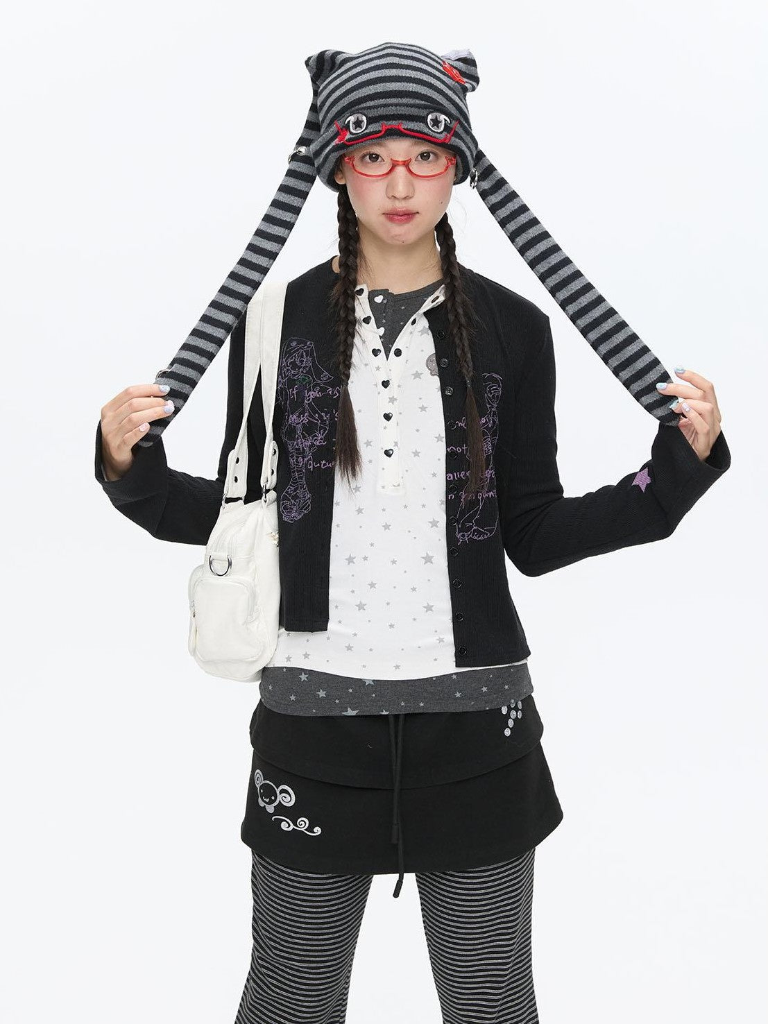 BETWEENAND Cute Rabbit Ear Eyelet Knit Striped Women&