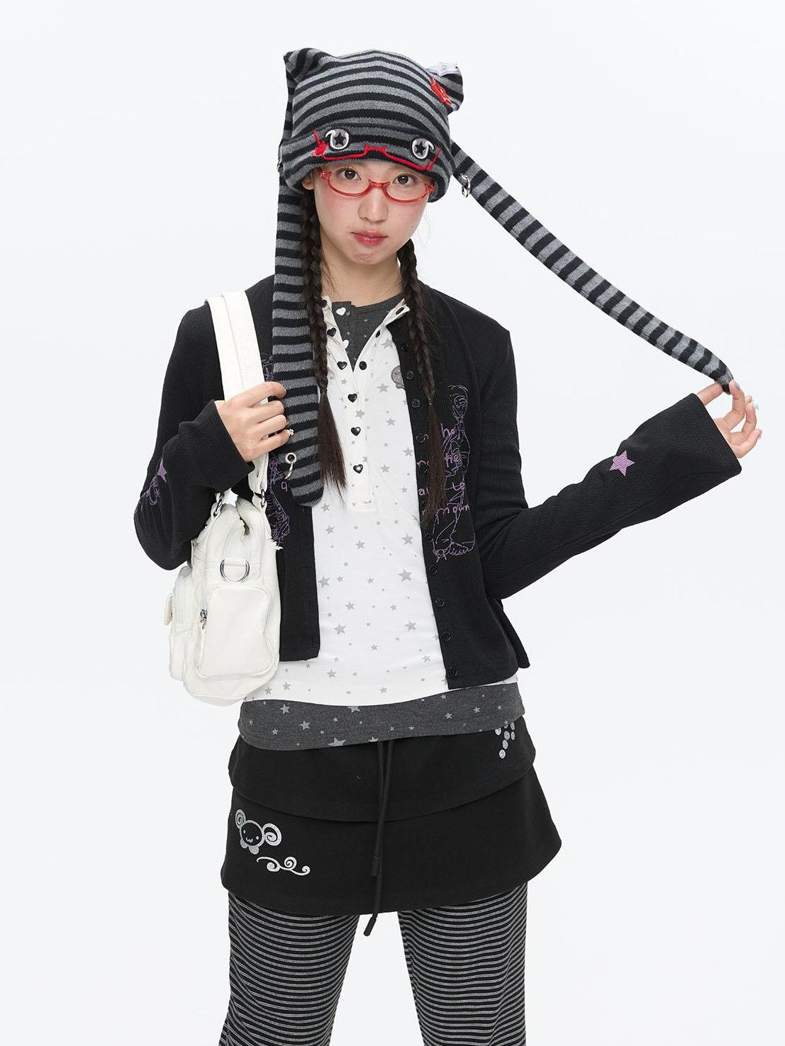 BETWEENAND Cute Rabbit Ear Eyelet Knit Striped Women&