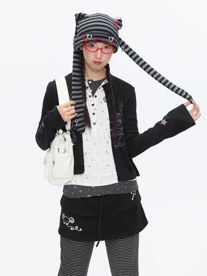 BETWEENAND Cute Rabbit Ear Eyelet Knit Striped Women&
