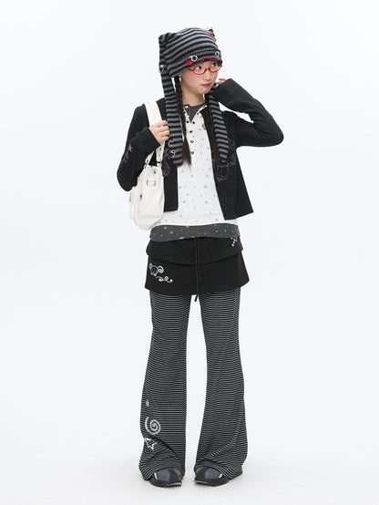 BETWEENAND Cute Rabbit Ear Eyelet Knit Striped Women&