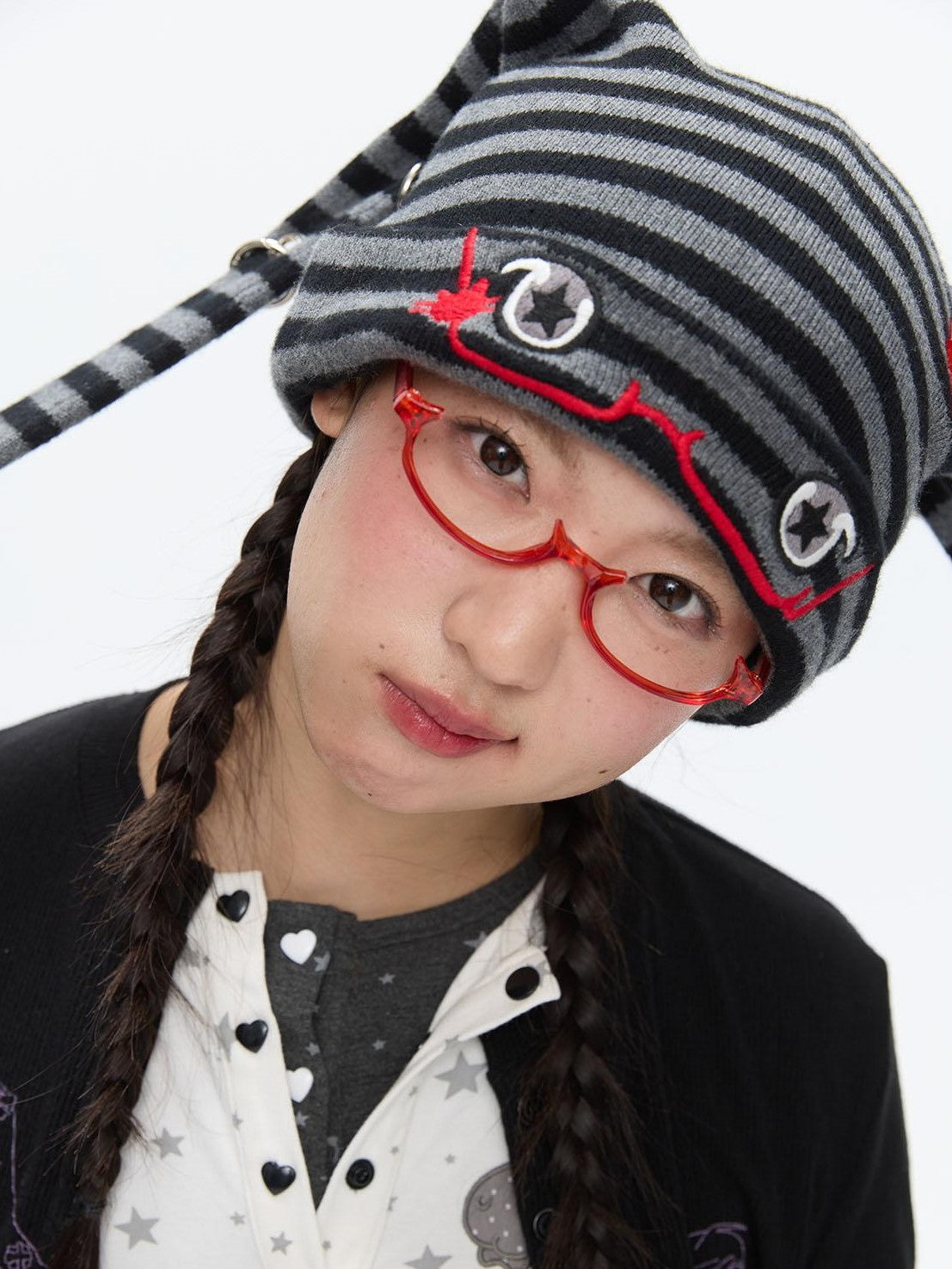 BETWEENAND Cute Rabbit Ear Eyelet Knit Striped Women&