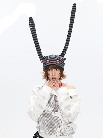BETWEENAND Cute Rabbit Ear Eyelet Knit Striped Women&