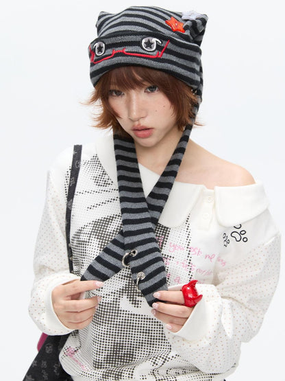 BETWEENAND Cute Rabbit Ear Eyelet Knit Striped Women&