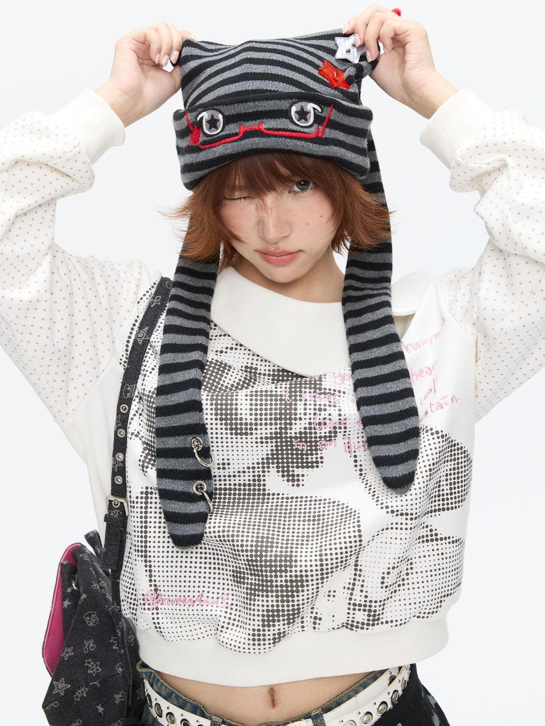 BETWEENAND Cute Rabbit Ear Eyelet Knit Striped Women&