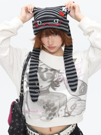 BETWEENAND Cute Rabbit Ear Eyelet Knit Striped Women&