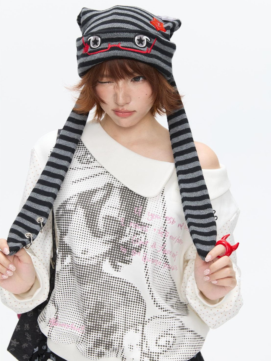 BETWEENAND Cute Rabbit Ear Eyelet Knit Striped Women&