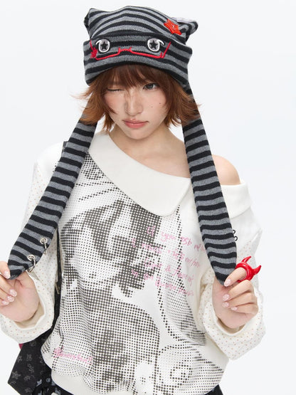 BETWEENAND Cute Rabbit Ear Eyelet Knit Striped Women&