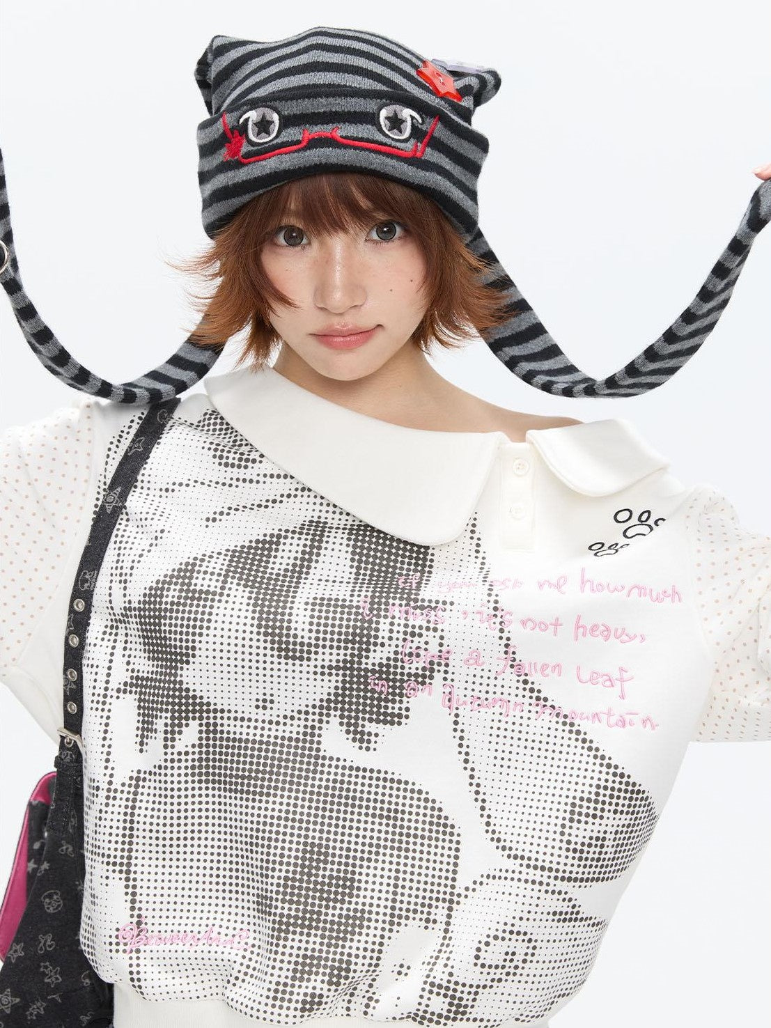 BETWEENAND Cute Rabbit Ear Eyelet Knit Striped Women&