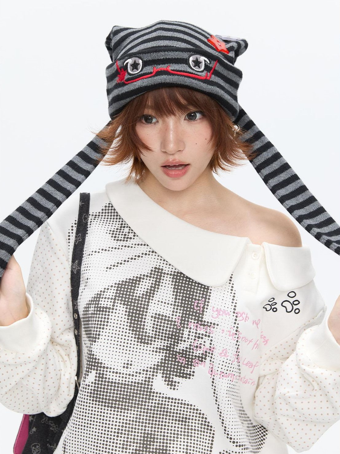 BETWEENAND Cute Rabbit Ear Eyelet Knit Striped Women&