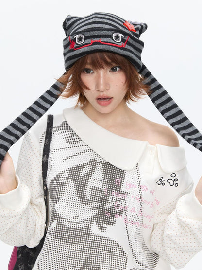 BETWEENAND Cute Rabbit Ear Eyelet Knit Striped Women&