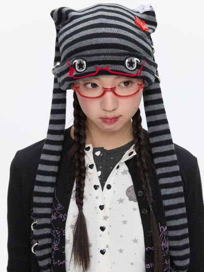 BETWEENAND Cute Rabbit Ear Eyelet Knit Striped Women&