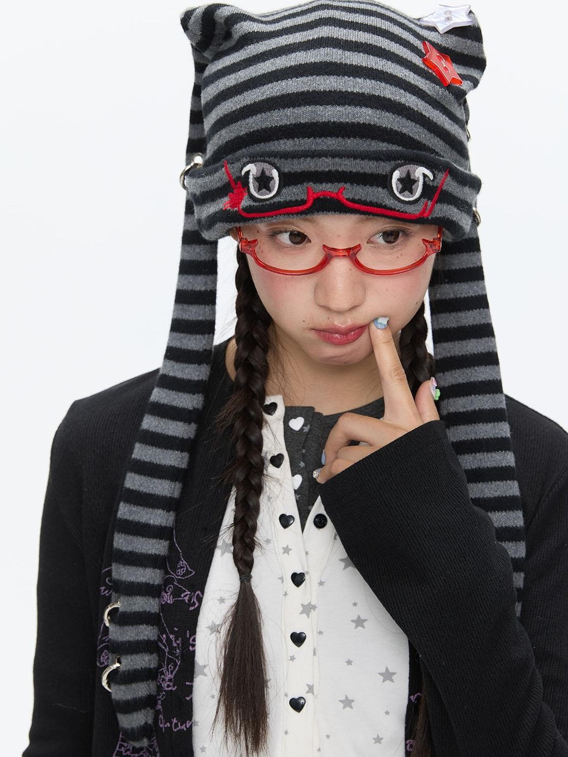 BETWEENAND Cute Rabbit Ear Eyelet Knit Striped Women&