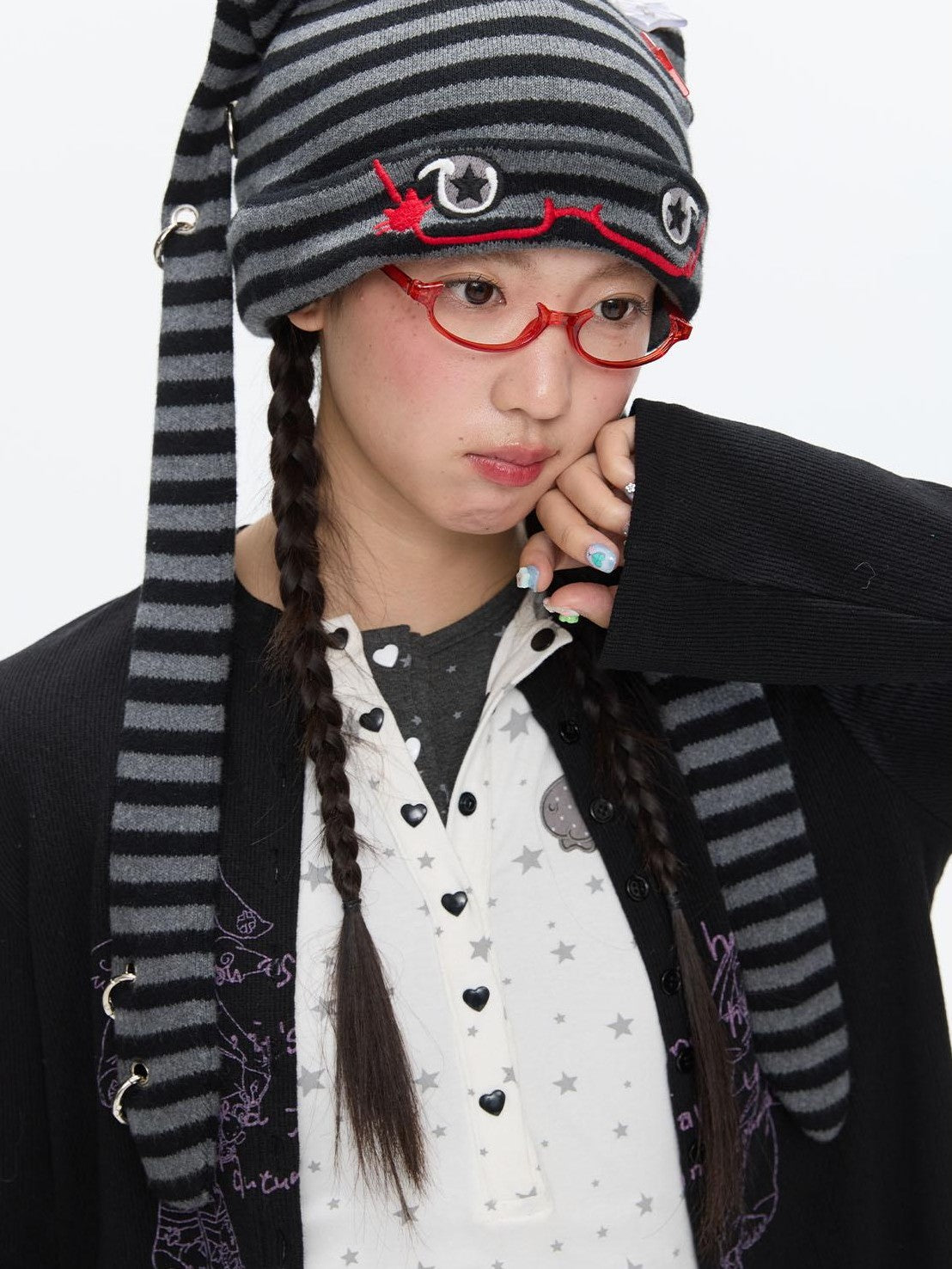 BETWEENAND Cute Rabbit Ear Eyelet Knit Striped Women&
