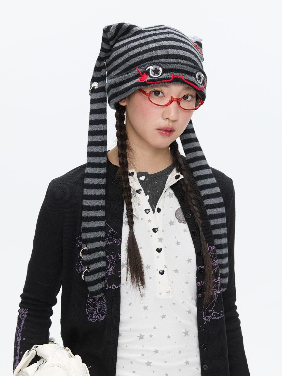 BETWEENAND Cute Rabbit Ear Eyelet Knit Striped Women&
