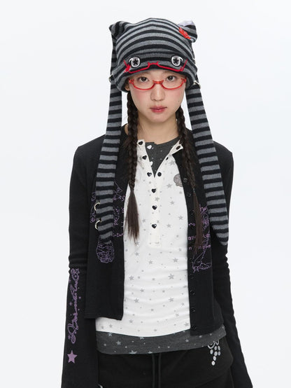 BETWEENAND Cute Rabbit Ear Eyelet Knit Striped Women&