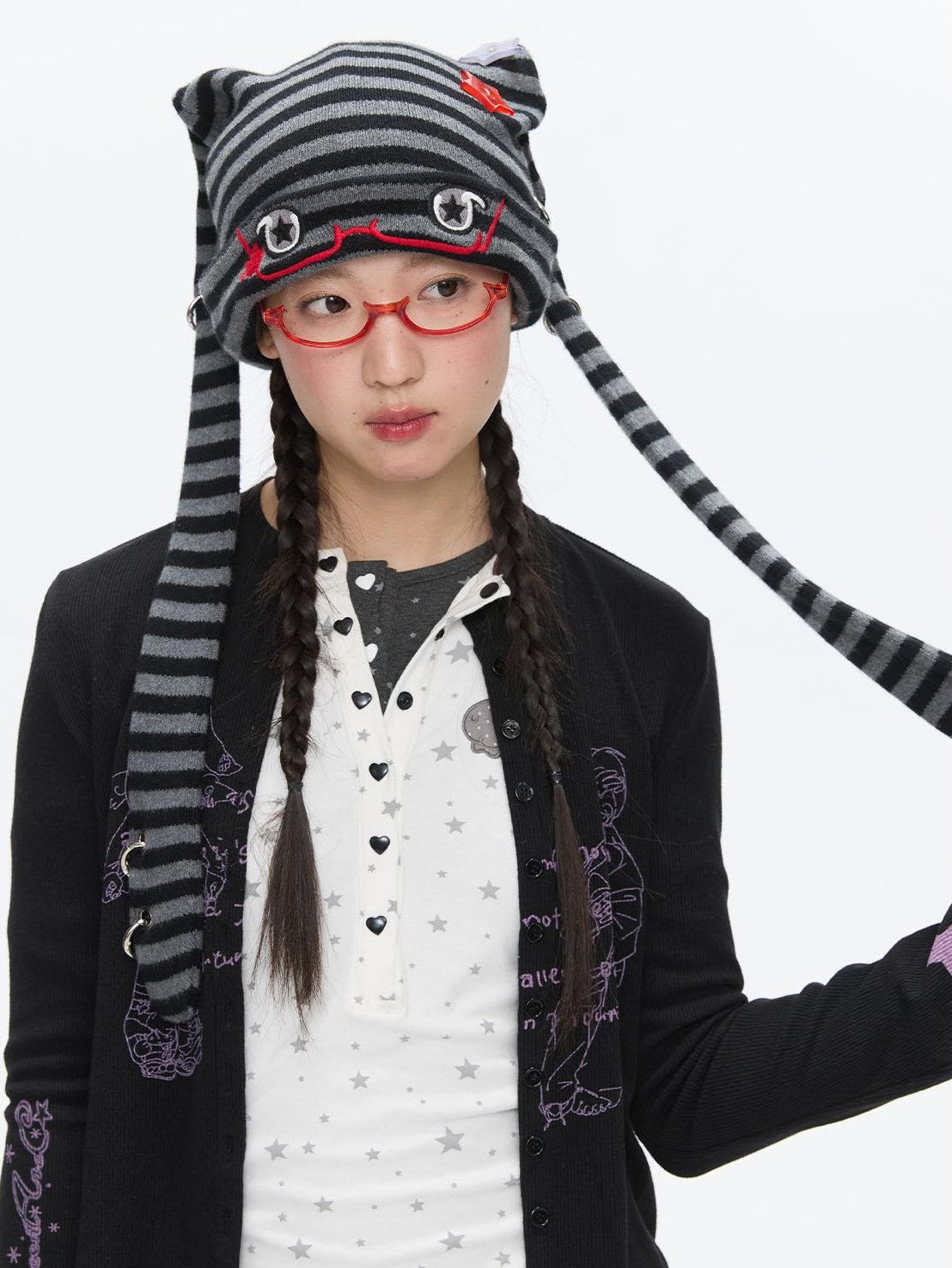 BETWEENAND Cute Rabbit Ear Eyelet Knit Striped Women&