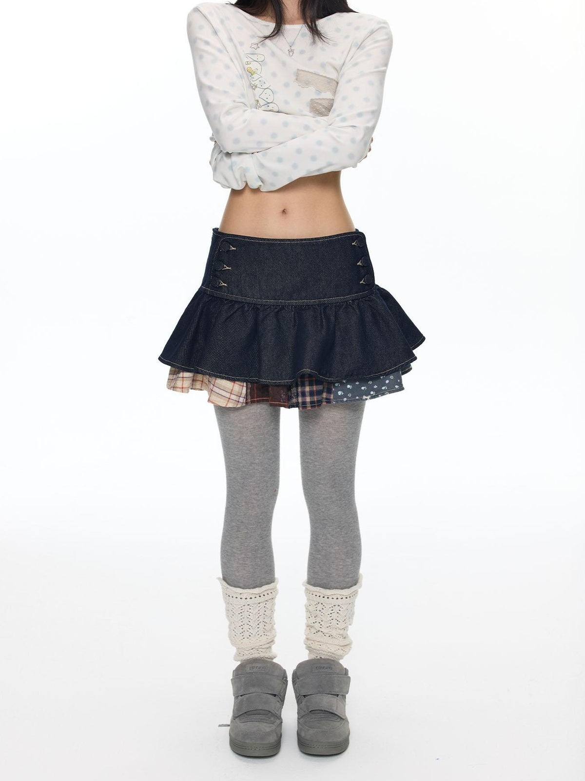 BETWEENAND Denim Patchwork Low Waist Tiered Cake Women&