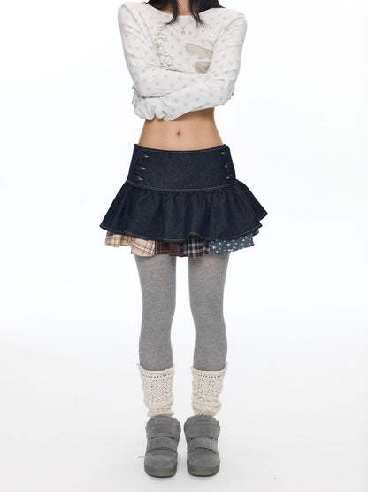 BETWEENAND Denim Patchwork Low Waist Tiered Cake Women&
