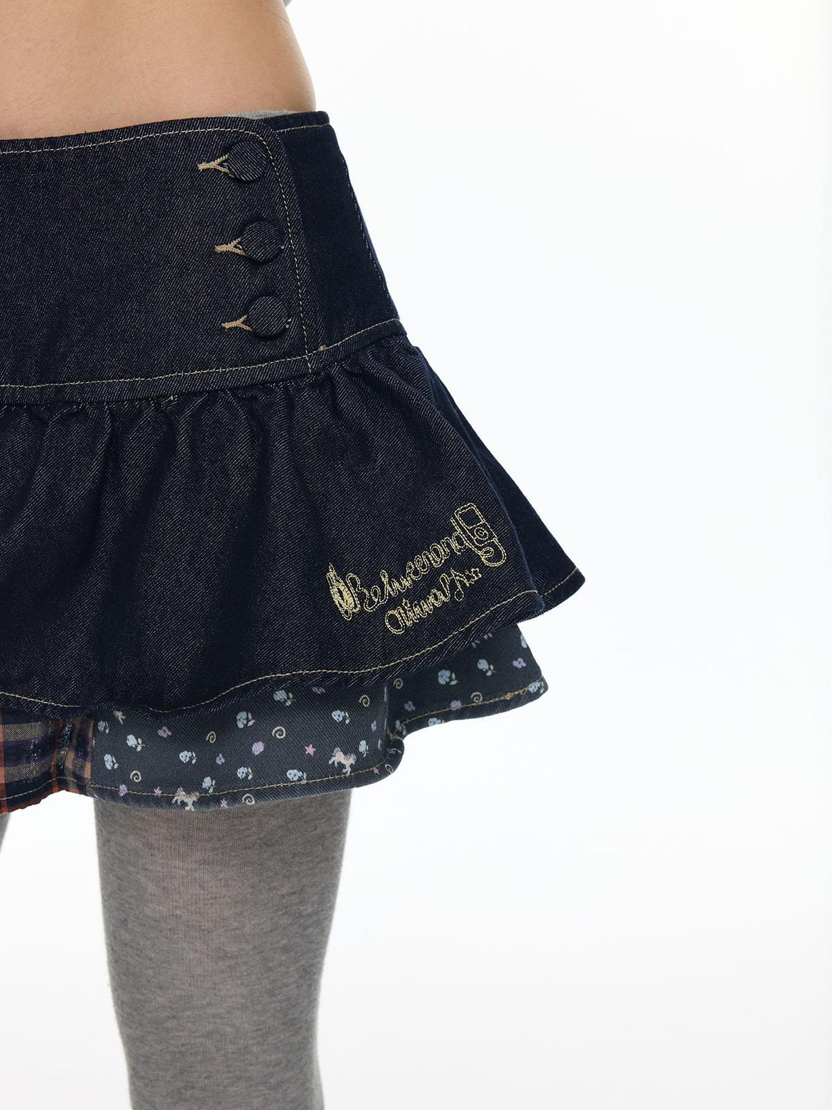BETWEENAND Denim Patchwork Low Waist Tiered Cake Women&