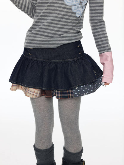 BETWEENAND Denim Patchwork Low Waist Tiered Cake Women&