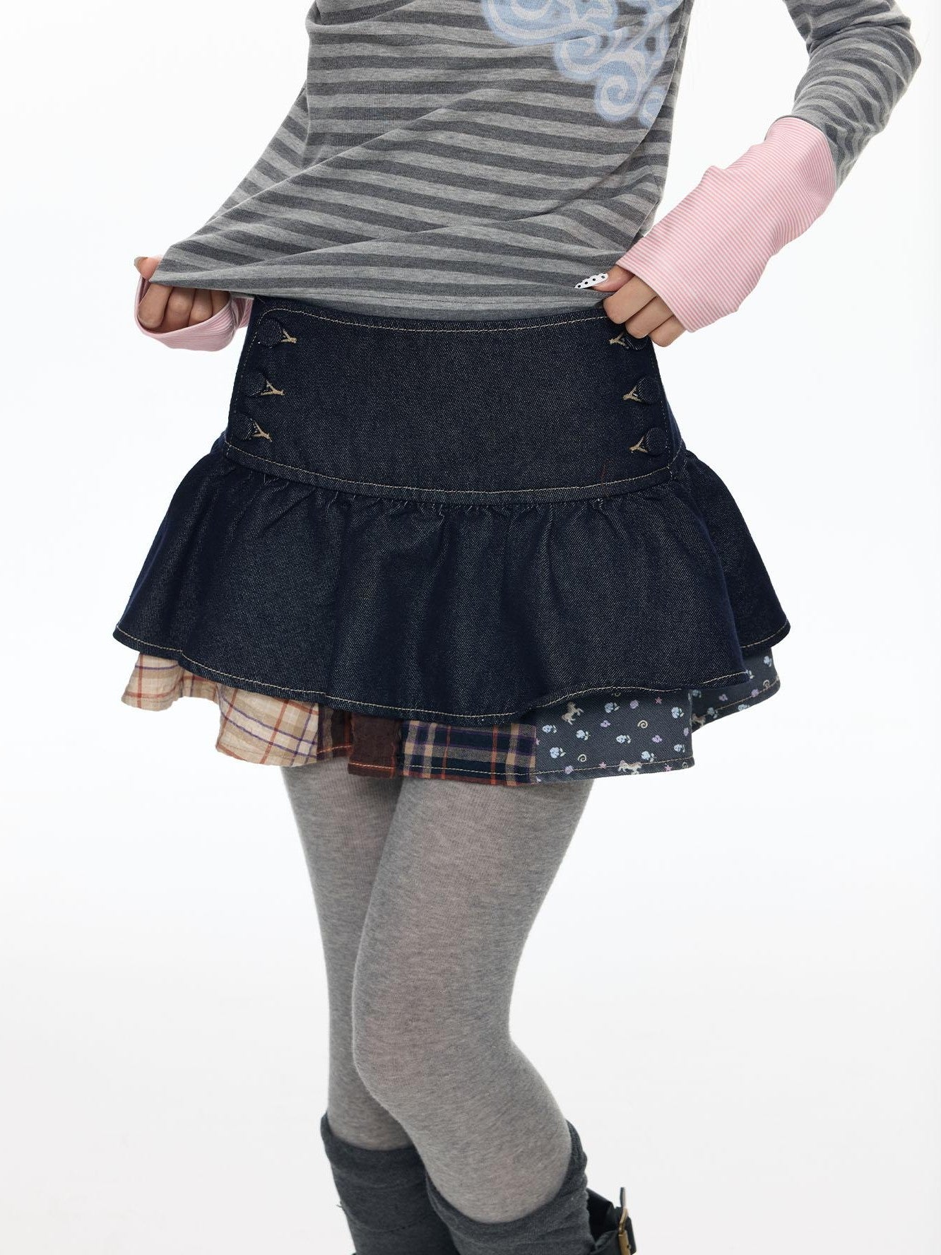 BETWEENAND Denim Patchwork Low Waist Tiered Cake Women&