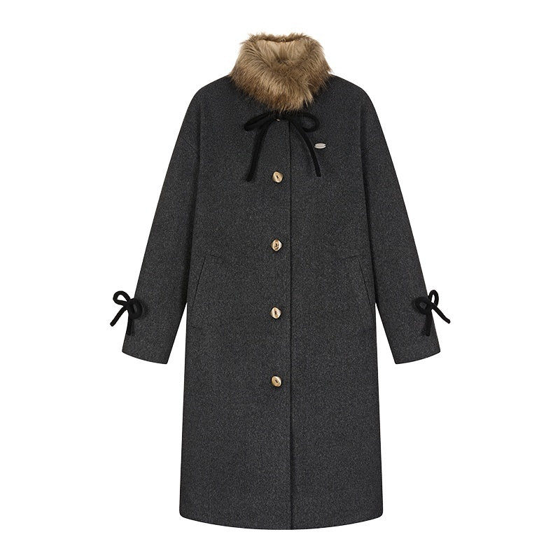 BETWEENAND_Detachable_Fur_Collar_Bow_Pockets_Single_Breasted_Women&