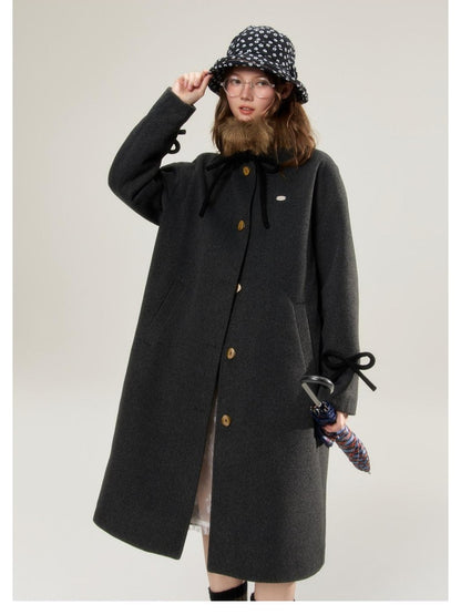 BETWEENAND Detachable Fur Collar Bow Pockets Single Breasted Women&