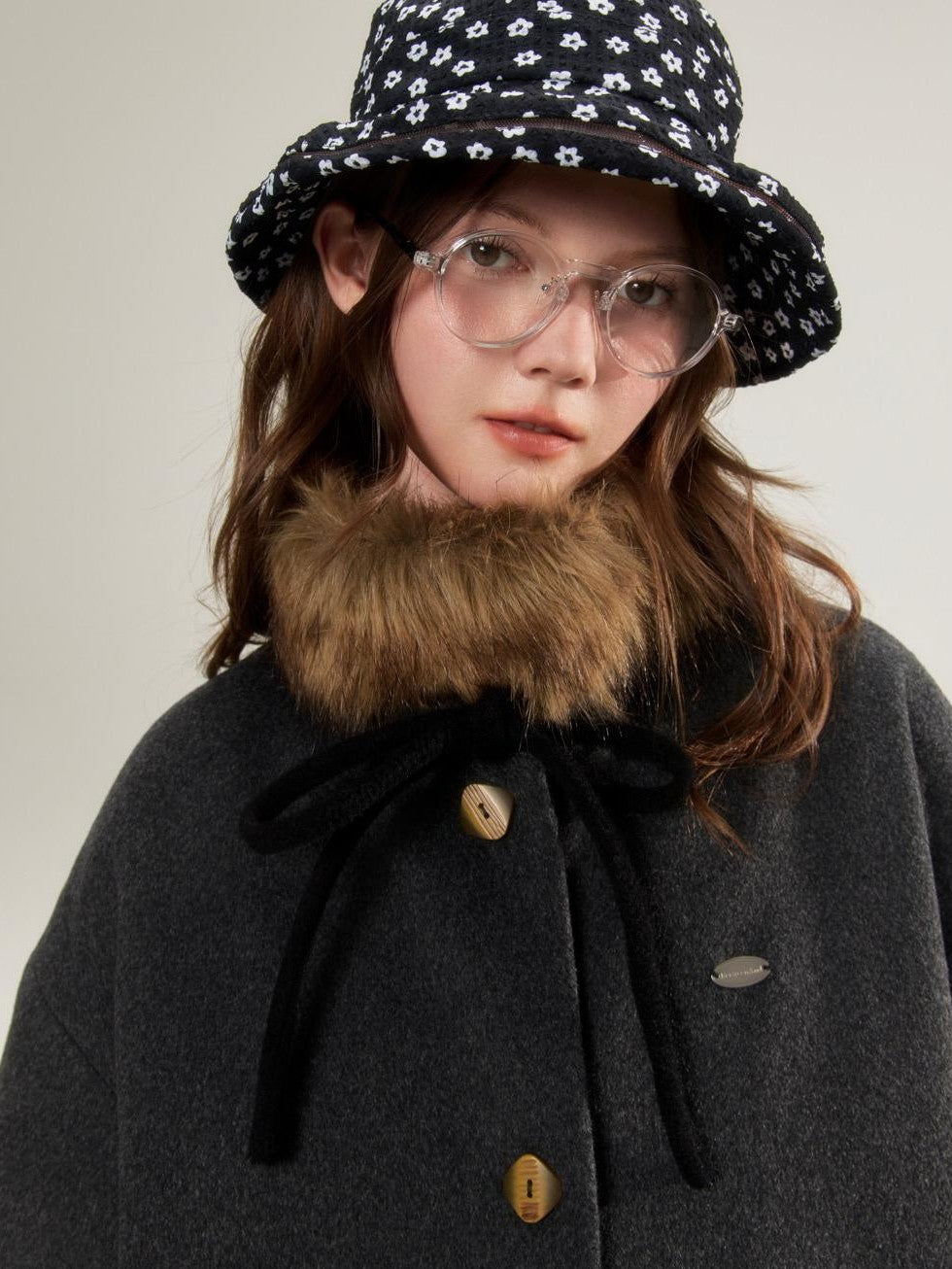 BETWEENAND Detachable Fur Collar Bow Pockets Single Breasted Women&