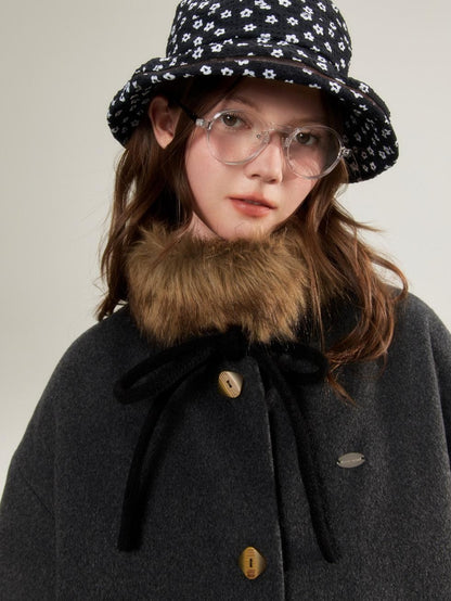 BETWEENAND Detachable Fur Collar Bow Pockets Single Breasted Women&