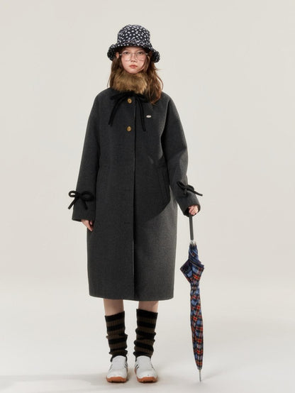 BETWEENAND Detachable Fur Collar Bow Pockets Single Breasted Women&