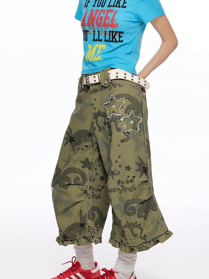 BETWEENAND Distressed Allover Star Print Vintage Cargo Women&