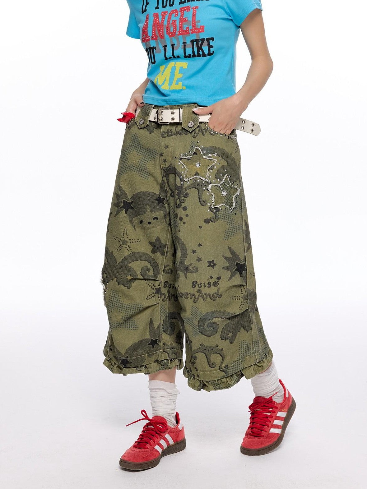 BETWEENAND Distressed Allover Star Print Vintage Cargo Women&