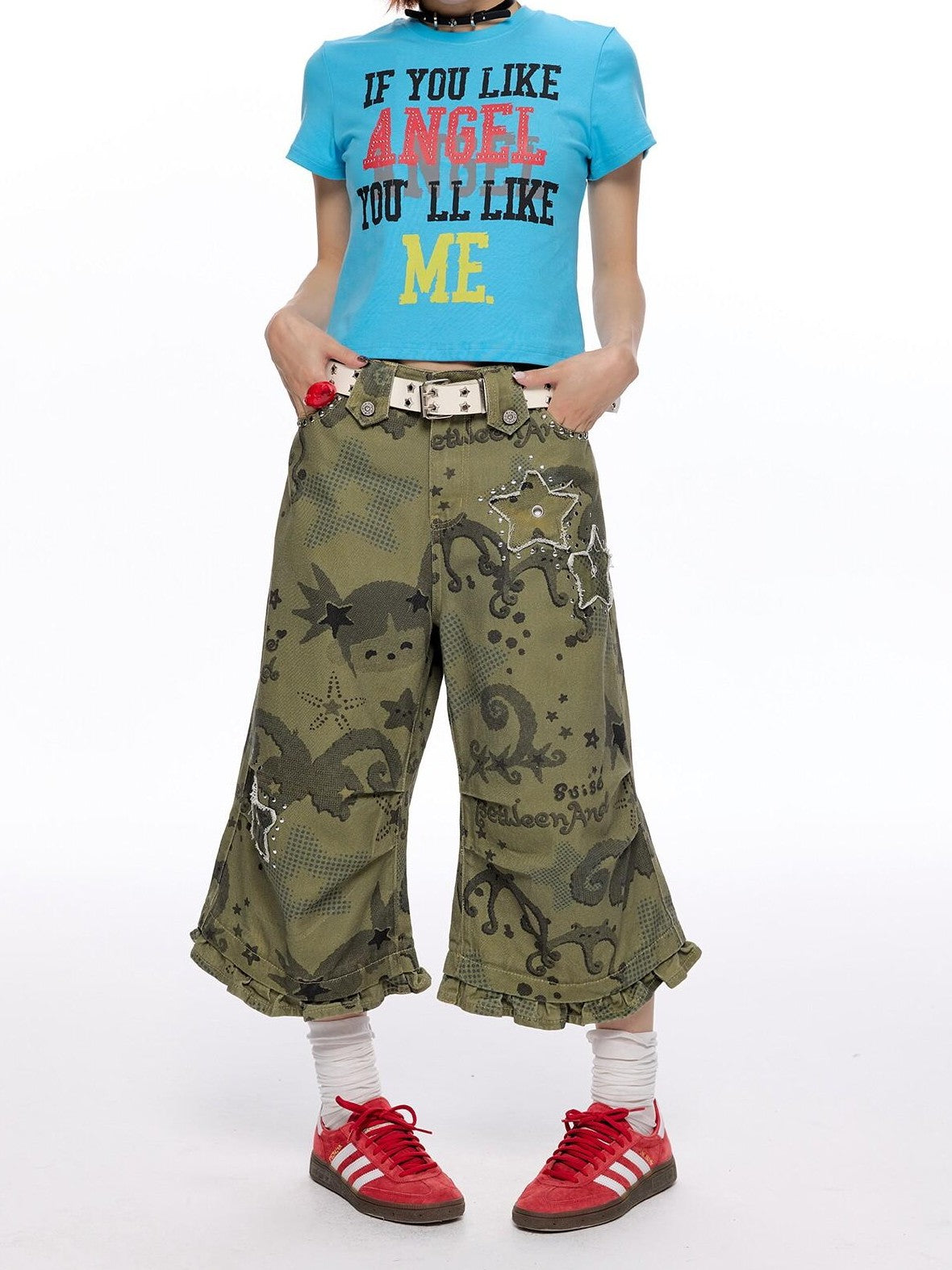 BETWEENAND Distressed Allover Star Print Vintage Cargo Women&