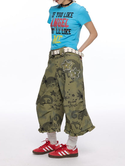 BETWEENAND Distressed Allover Star Print Vintage Cargo Women&