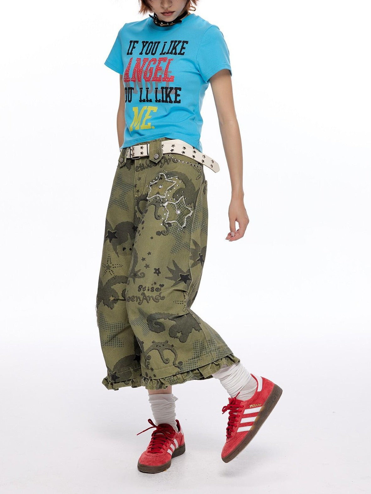BETWEENAND Distressed Allover Star Print Vintage Cargo Women&