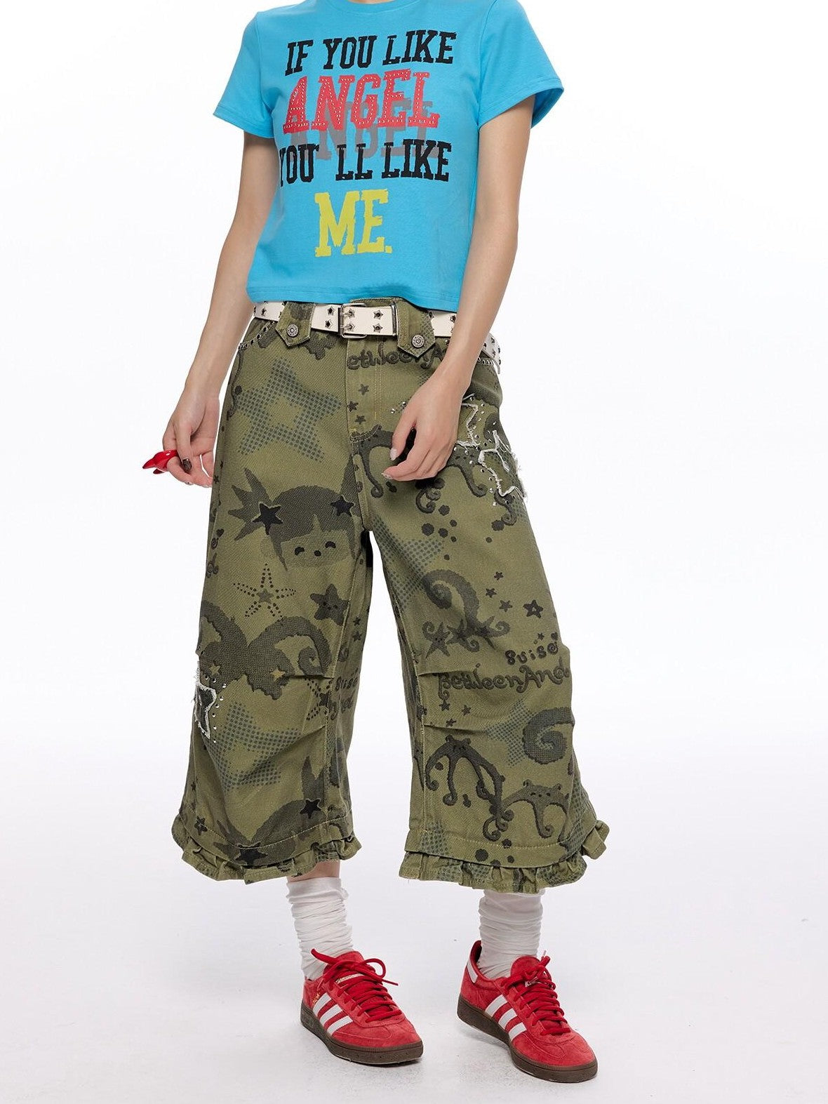 BETWEENAND Distressed Allover Star Print Vintage Cargo Women&