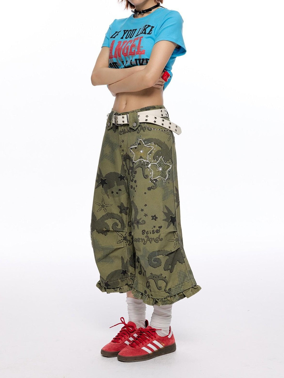 BETWEENAND Distressed Allover Star Print Vintage Cargo Women&