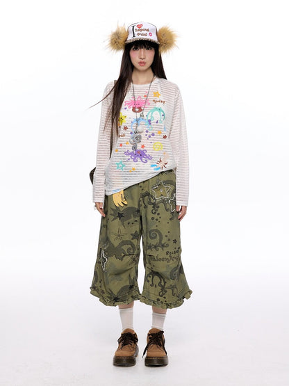 BETWEENAND Distressed Allover Star Print Vintage Cargo Women&