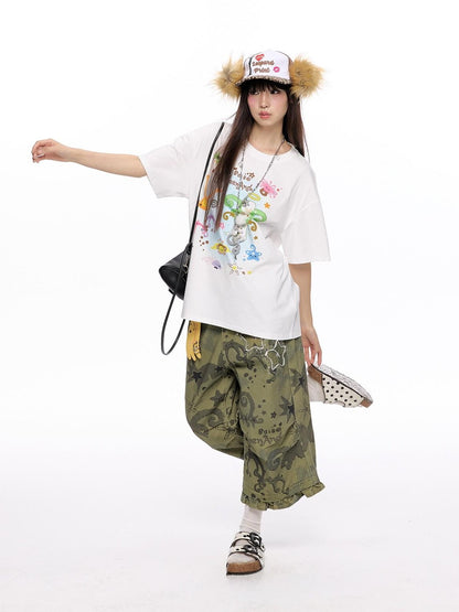BETWEENAND Distressed Allover Star Print Vintage Cargo Women&