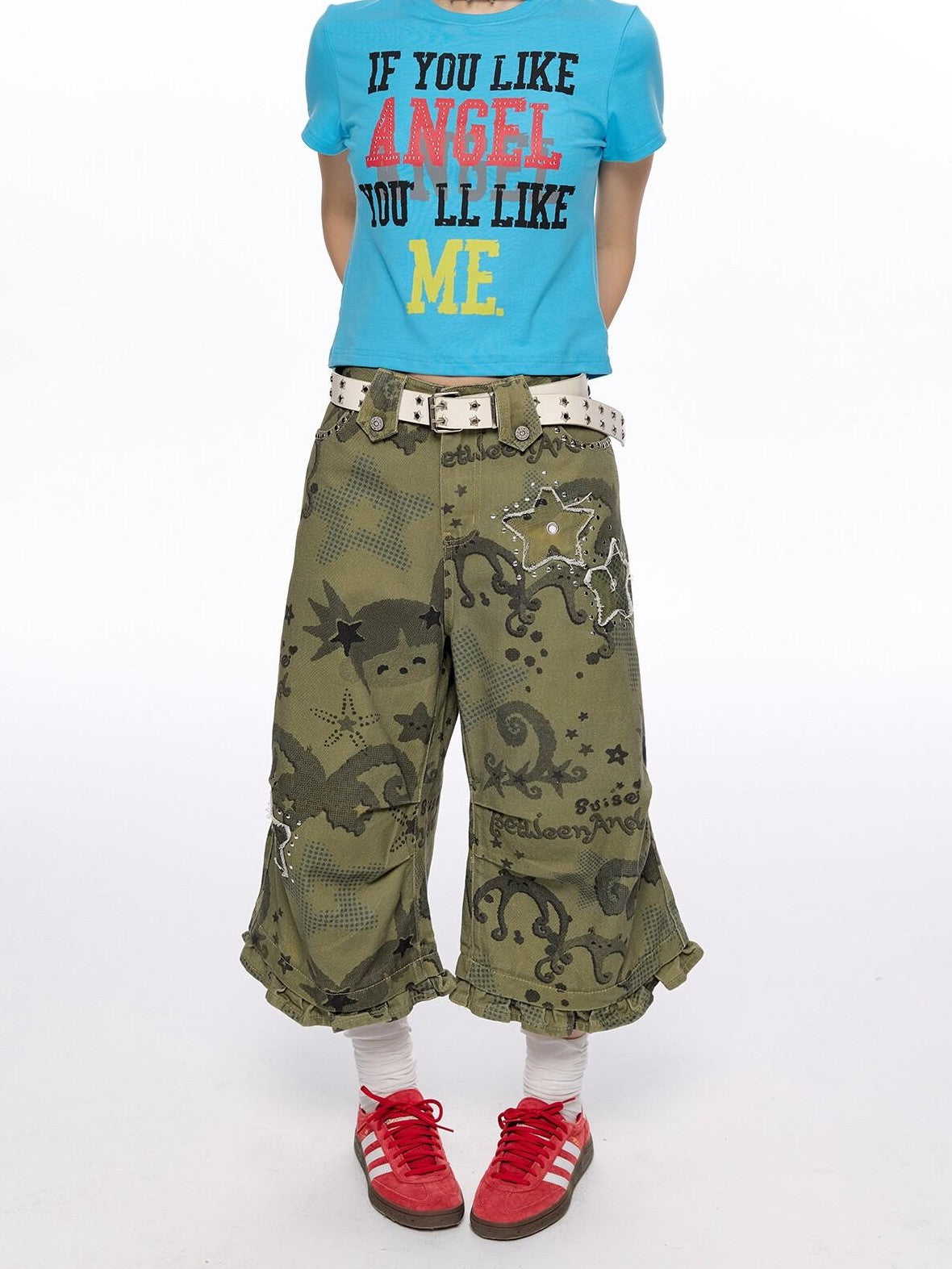 BETWEENAND Distressed Allover Star Print Vintage Cargo Women&