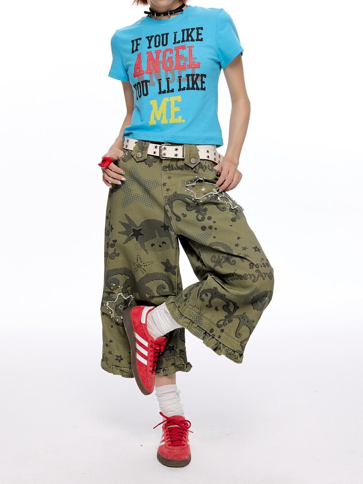 BETWEENAND Distressed Allover Star Print Vintage Cargo Women&